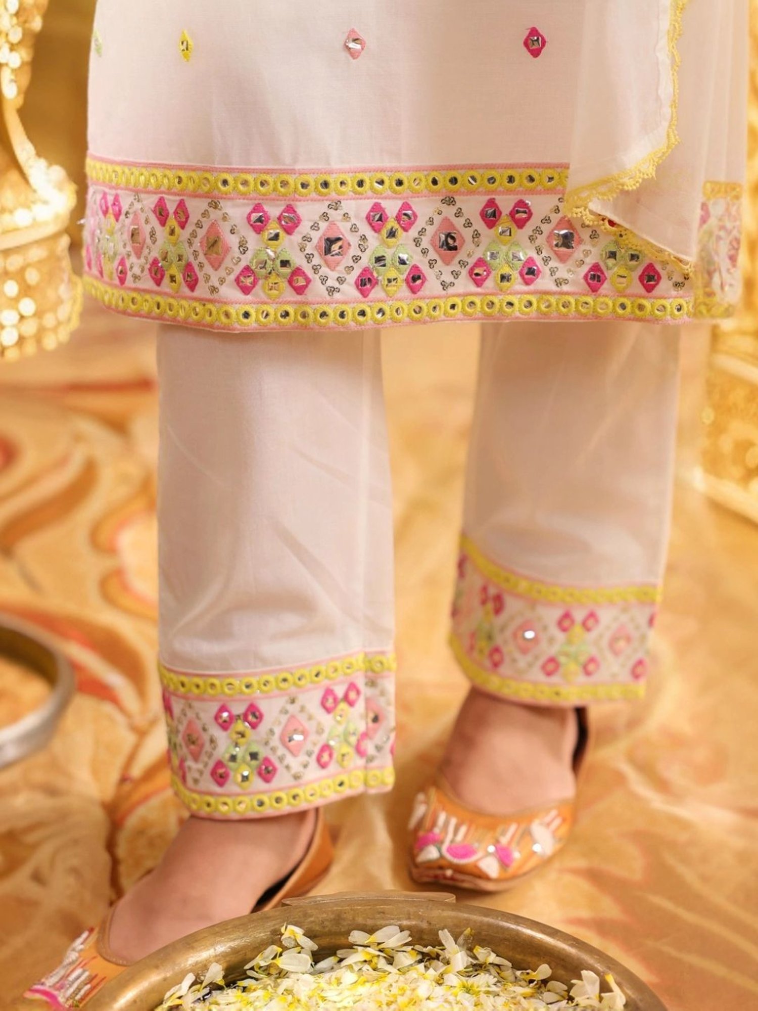 SCAKHI White Cotton Multicolour Mirror And Sequin Embroidered Kurta with Pant And Dupatta