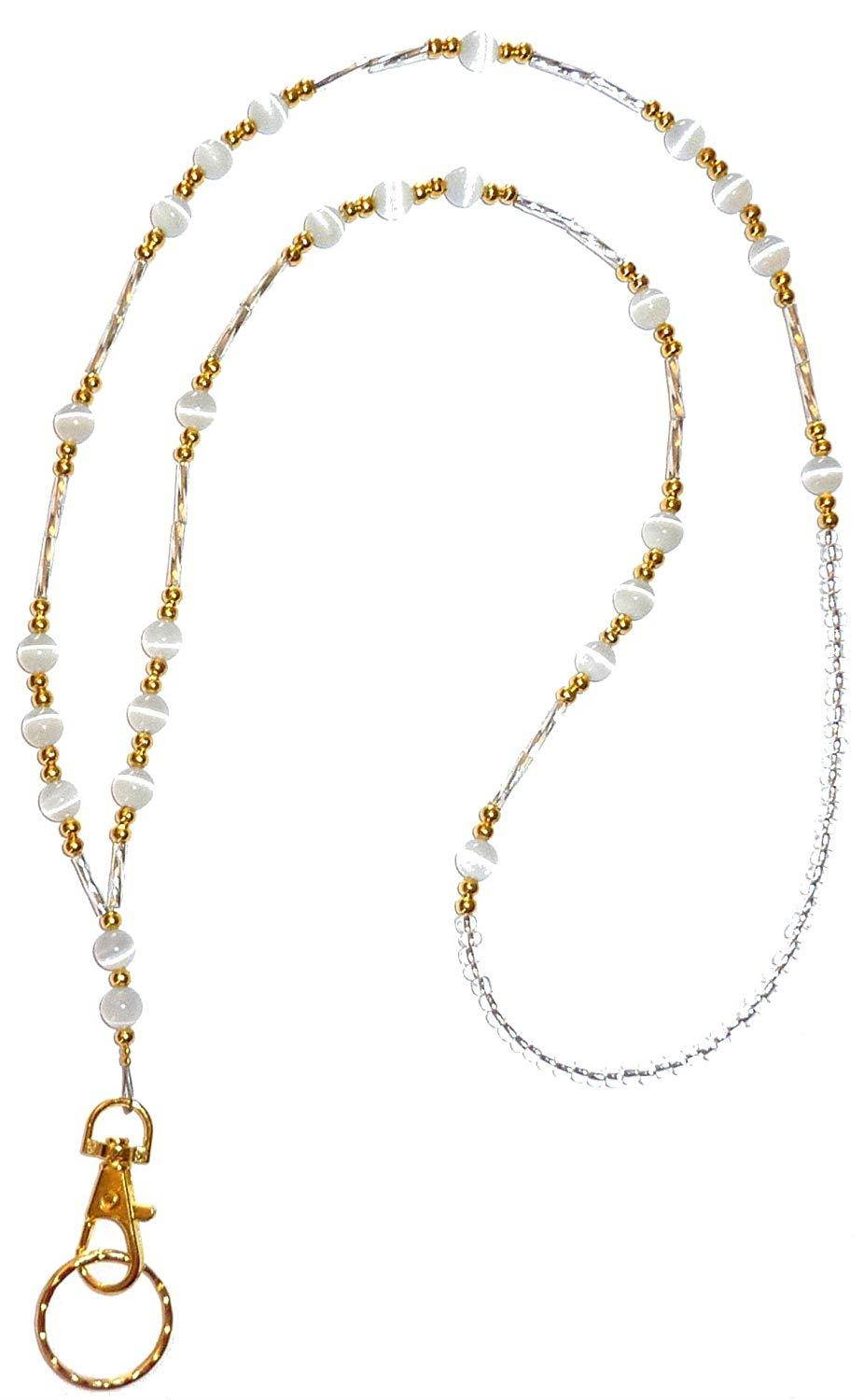 Hidden Hollow Beads, Simple Black, Women's Fashion Beaded Lanyard Necklace, 34", Key and ID Badge holder (Simple White GOLD - Non Breakaway (stronger))