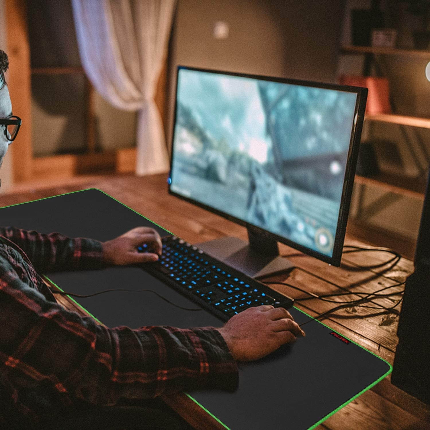 Psitek 36x16 Inches XXL Large Gaming Mouse Pad Extended Desk Keyboard Mousepad, Waterproof Cloth Surface Optimized for Precision, Durable Stitched Anti-Fray Edges Green