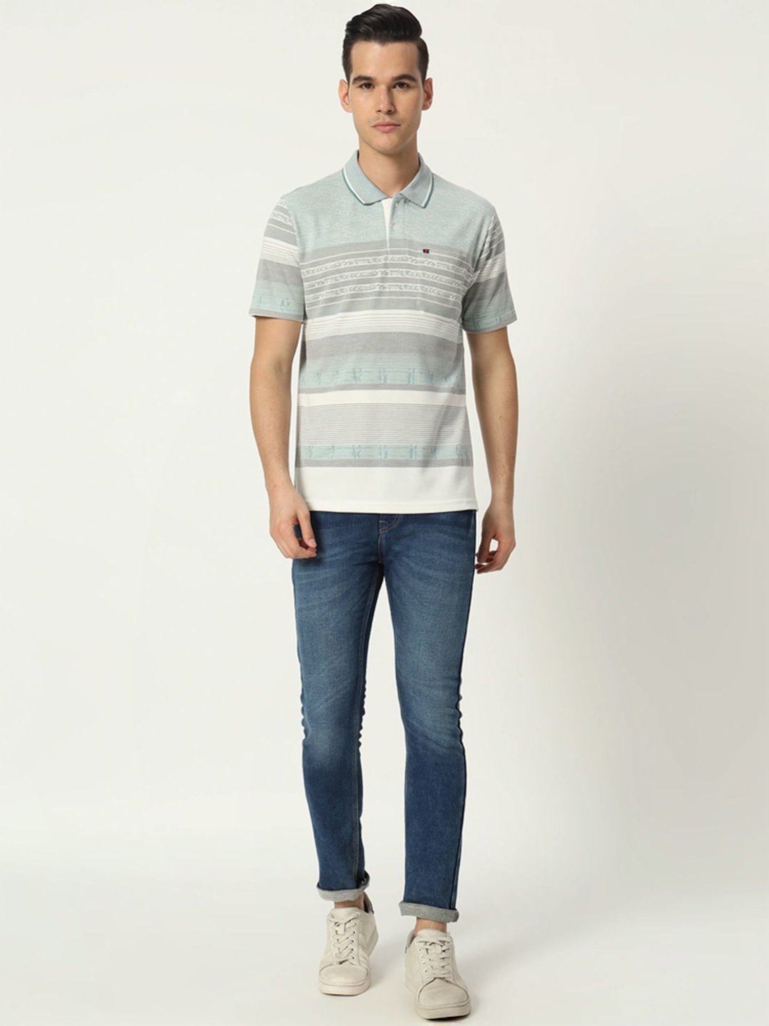 Tab91 Blue Regular Fit Striped Polo T-Shirts