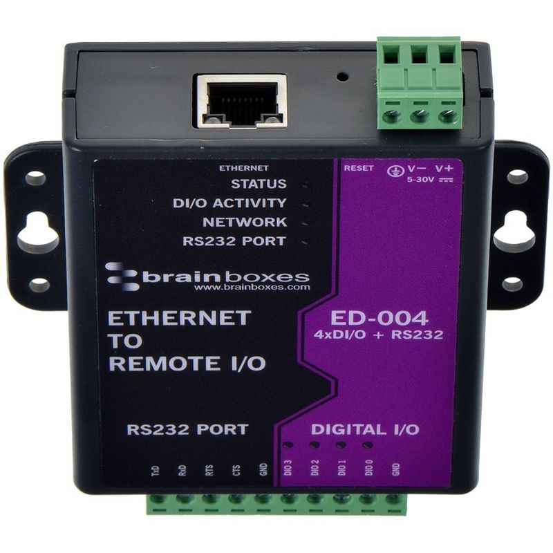 Brainboxes - Ethernet to 4 Digital IO and RS232 Serial Port - 1 x Network (RJ-45) - 1 x Serial Port - Fast Ethernet - Rail-mountable