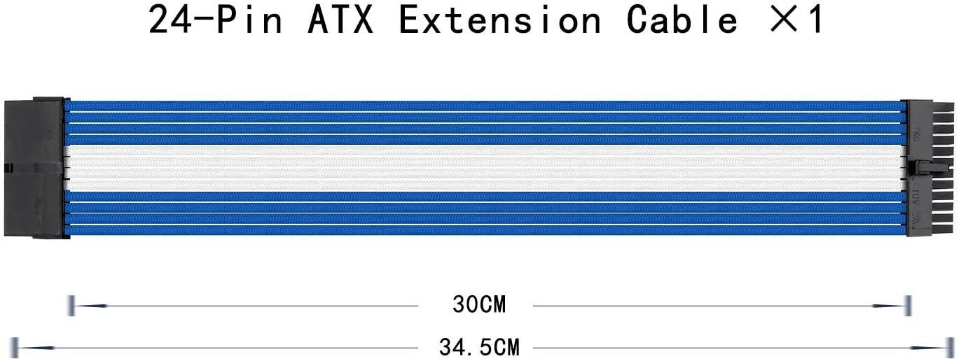 Sleeve Extension Power Supply Cable Kit, Power Supply with Extra-Sleeved 24-PIN 8-PIN 6-PIN 4+4 PIN-Blue/White with Cable Combs(11.8 inch/ 30CM),SC302