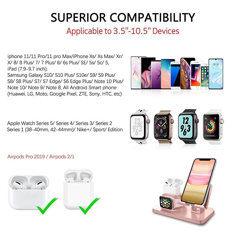 3 in 1 Charging Stand for Apple Watch Series 54321 Airpods Pro 2019 21 Compatible with iPhone 12 11 XS MAX XR XS 8 7 6 6S Plus 5S iPad Tablet StandOriginal Cable Required Rose Gold