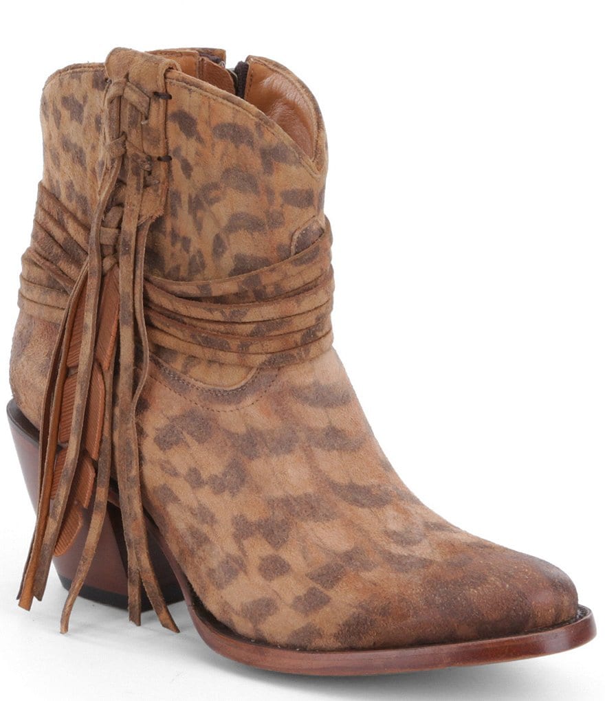 Lucchese Robyn Printed Suede Side Fringe Western Booties