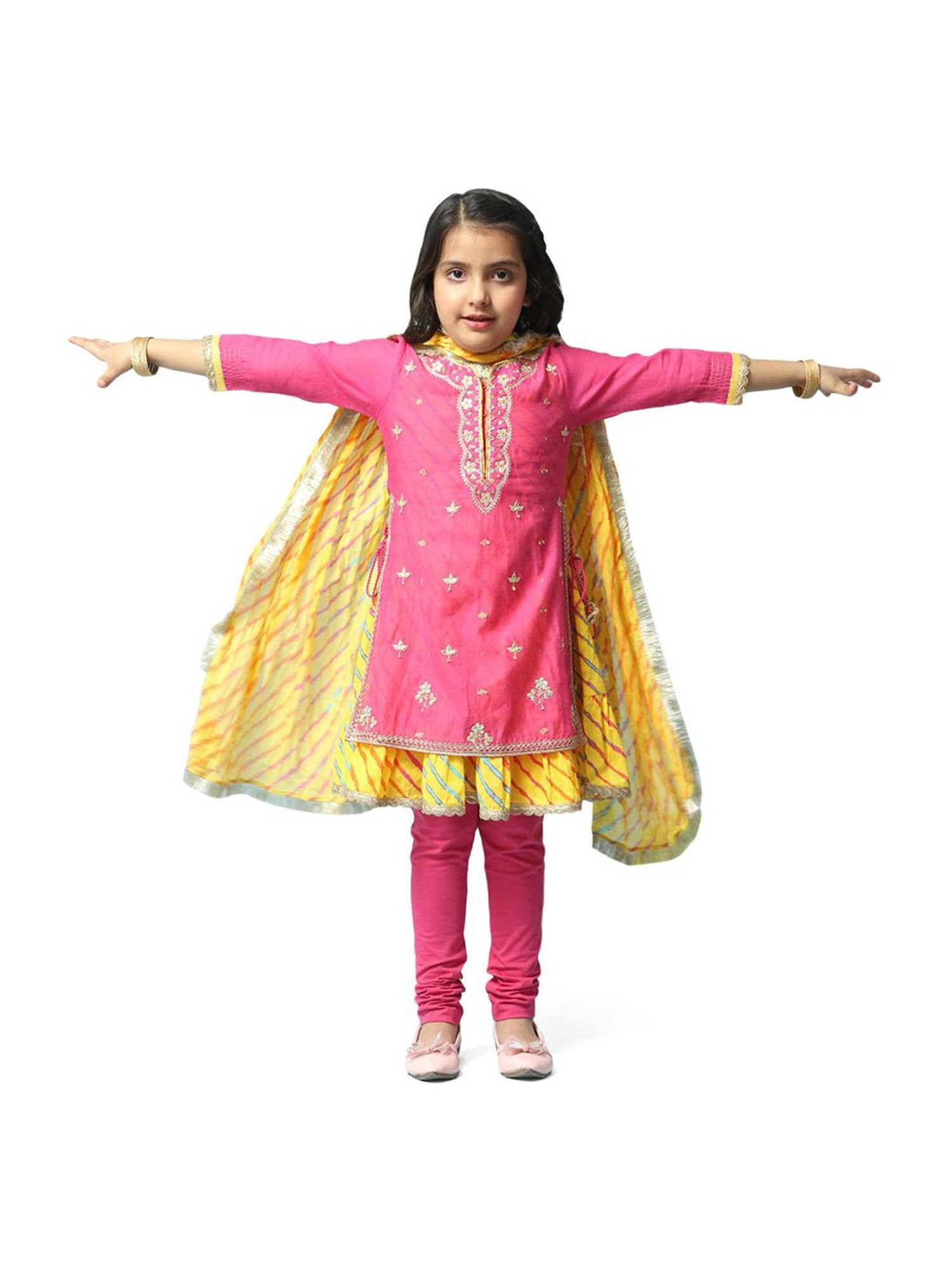 BIBA Girls Pink & Yellow Cotton Embroidered Kurta Set