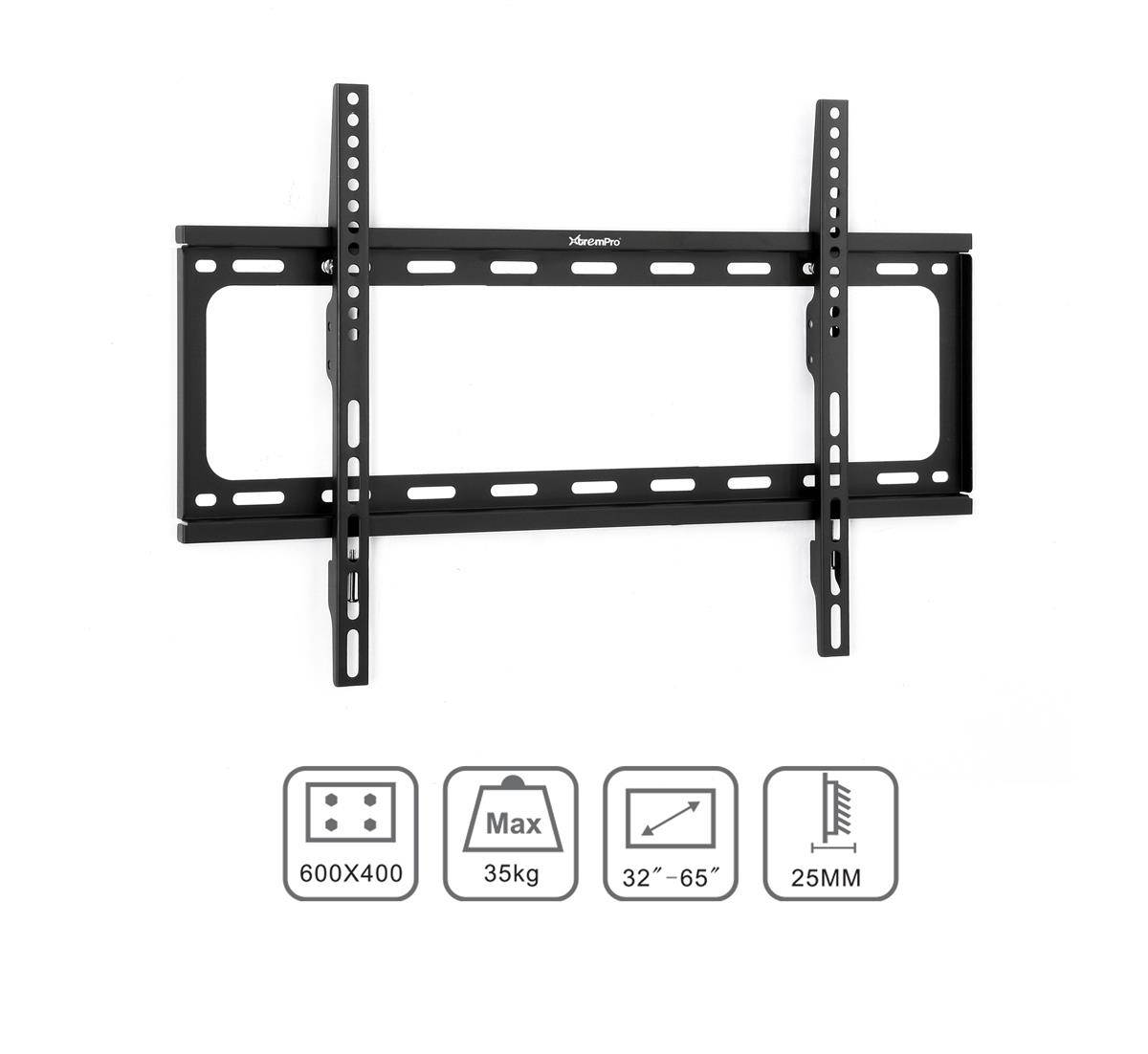 Xtrempro Low-Profile TV Wall Mount 1" Slim Fixed Bracket w/ Magnetic Removable Bubble Level for 32 - 65 inch LCD, LED, 4K or Plasma TVs VESA up to 600 x 400, 77 lbs Loading Capacity - Black (41033)