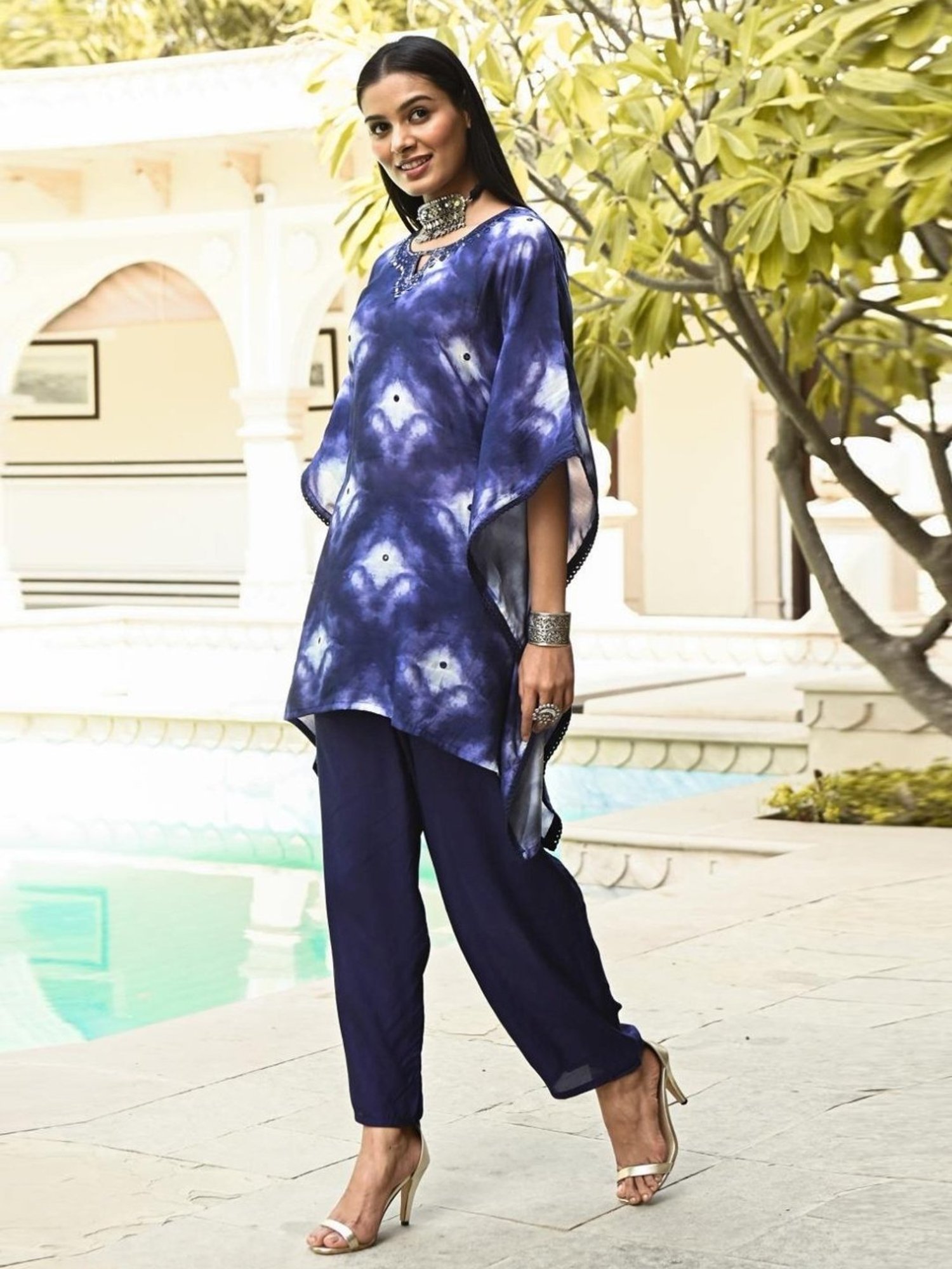 Mahee Jaipur Blue Tie & Dye Mulsin Kaftan with Pant Co-ord Set
