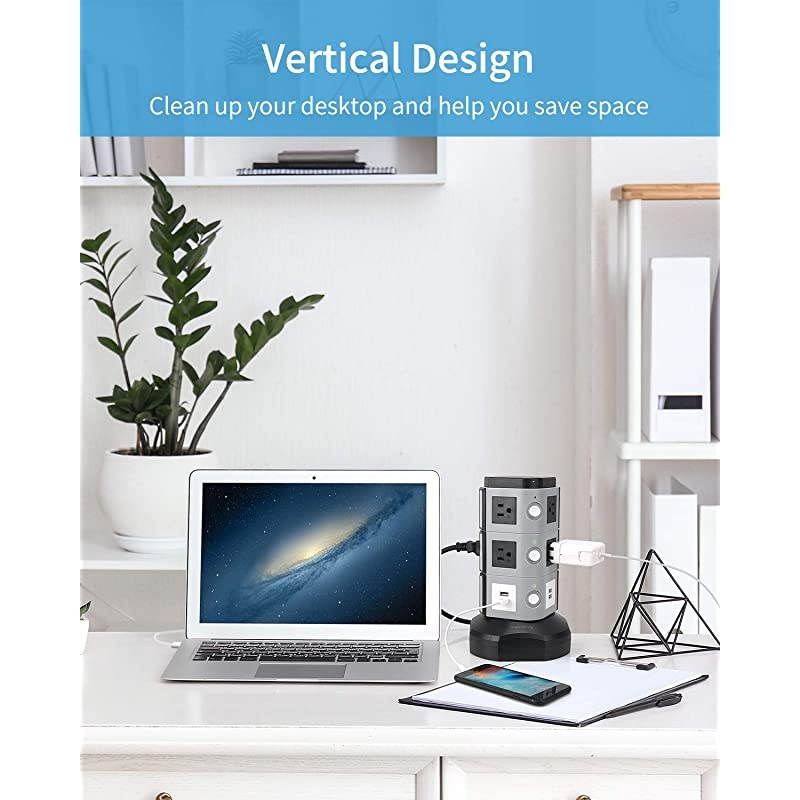 Power Strip Tower with 10W Wireless Charger Surge Protector Tower 3000W 13A with 10 Outlet + 4 USB Ports and 65ft Retractable Cable Desktop Charging Station for Home Office Dorm