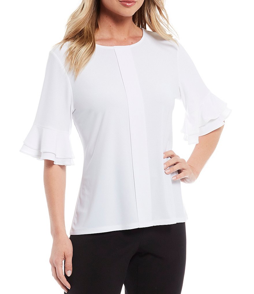 Preston & York Harper Ruffle Short Sleeve Crew Neck Knit Top