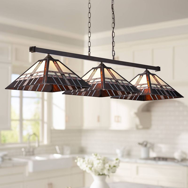 Robert Louis Tiffany Bronze Linear Island Pendant Chandelier 56" Wide Tiffany Style Alfred Geometric Glass 3-Light Fixture Kitchen