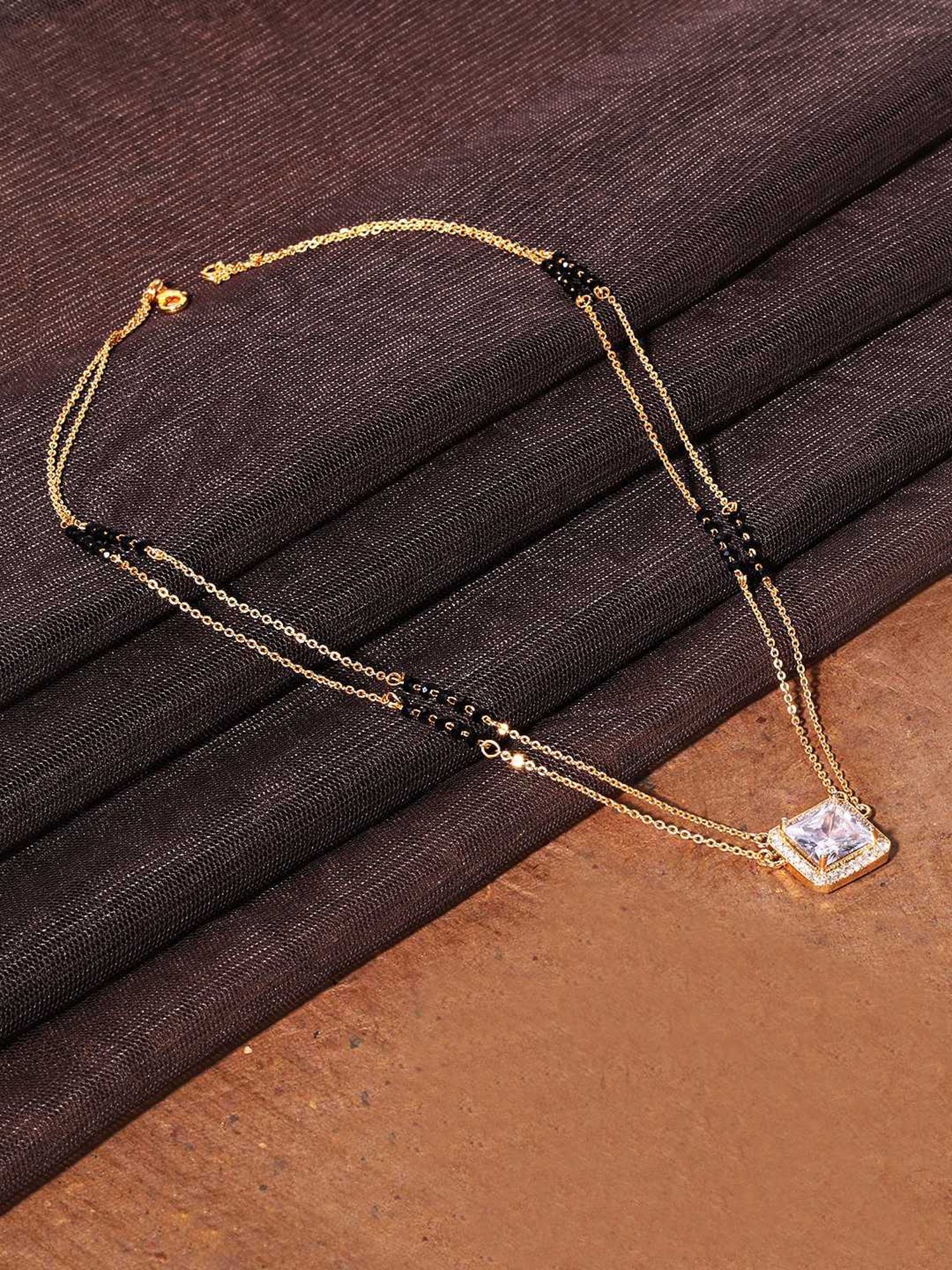 Abdesigns Gold-Plated Black Beaded American Diamond Mangalsutra