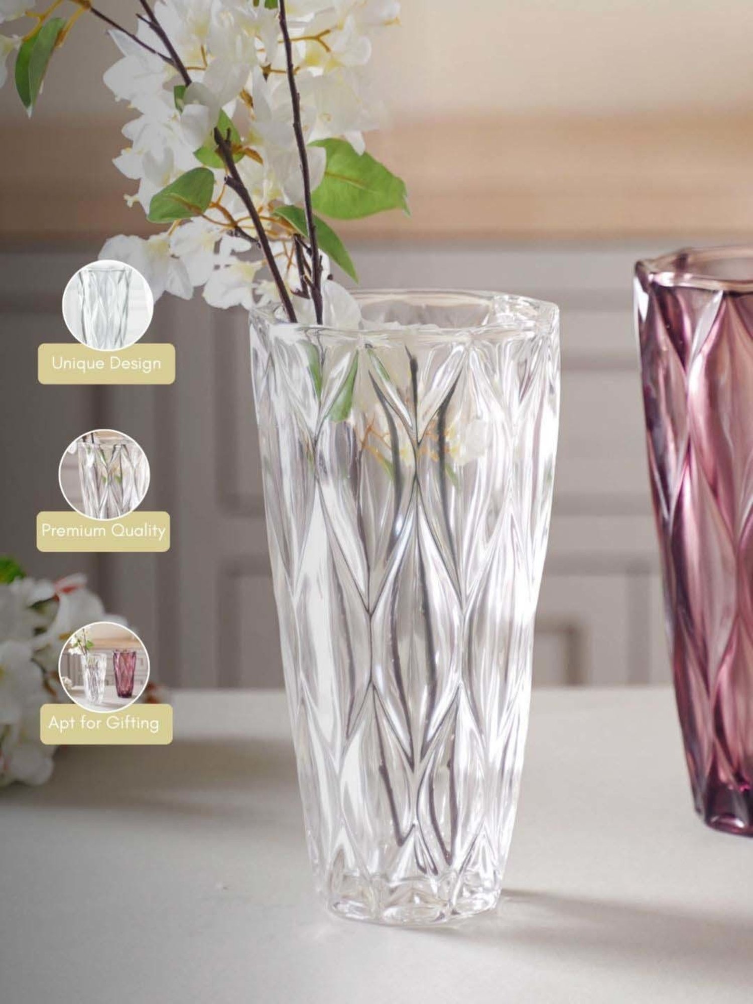 Nestasia Premium Quality Textured Transparent Contemporary Textured Crystal Glass Flower Vase 9.84 "