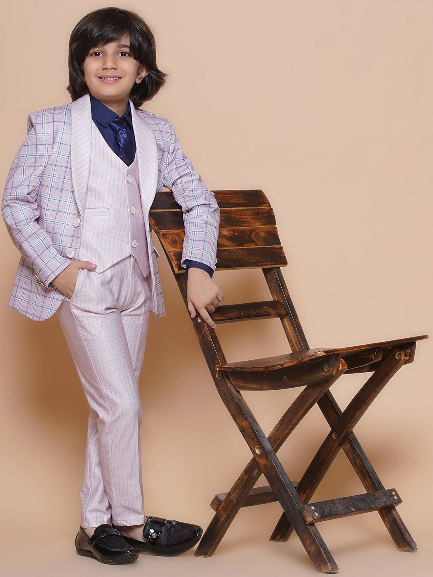 AJ Dezines Kids Pink & Blue Checks Full Sleeves Shirt, Pants, Coat, Waistcoat with Tie