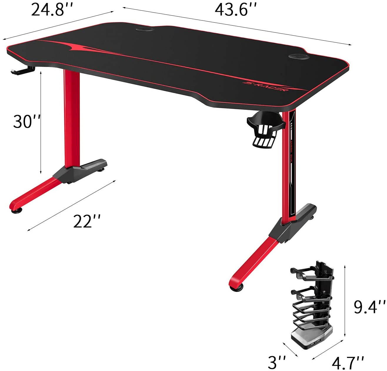 Homall Gaming Desk 43.6'' PC Computer Desk Racing Style T-shaped Home Office Table Gamer Workstation with Free Full Desk Mouse Pad, Game Handle Rack, Cup Holder and Headphone Hook (Red)