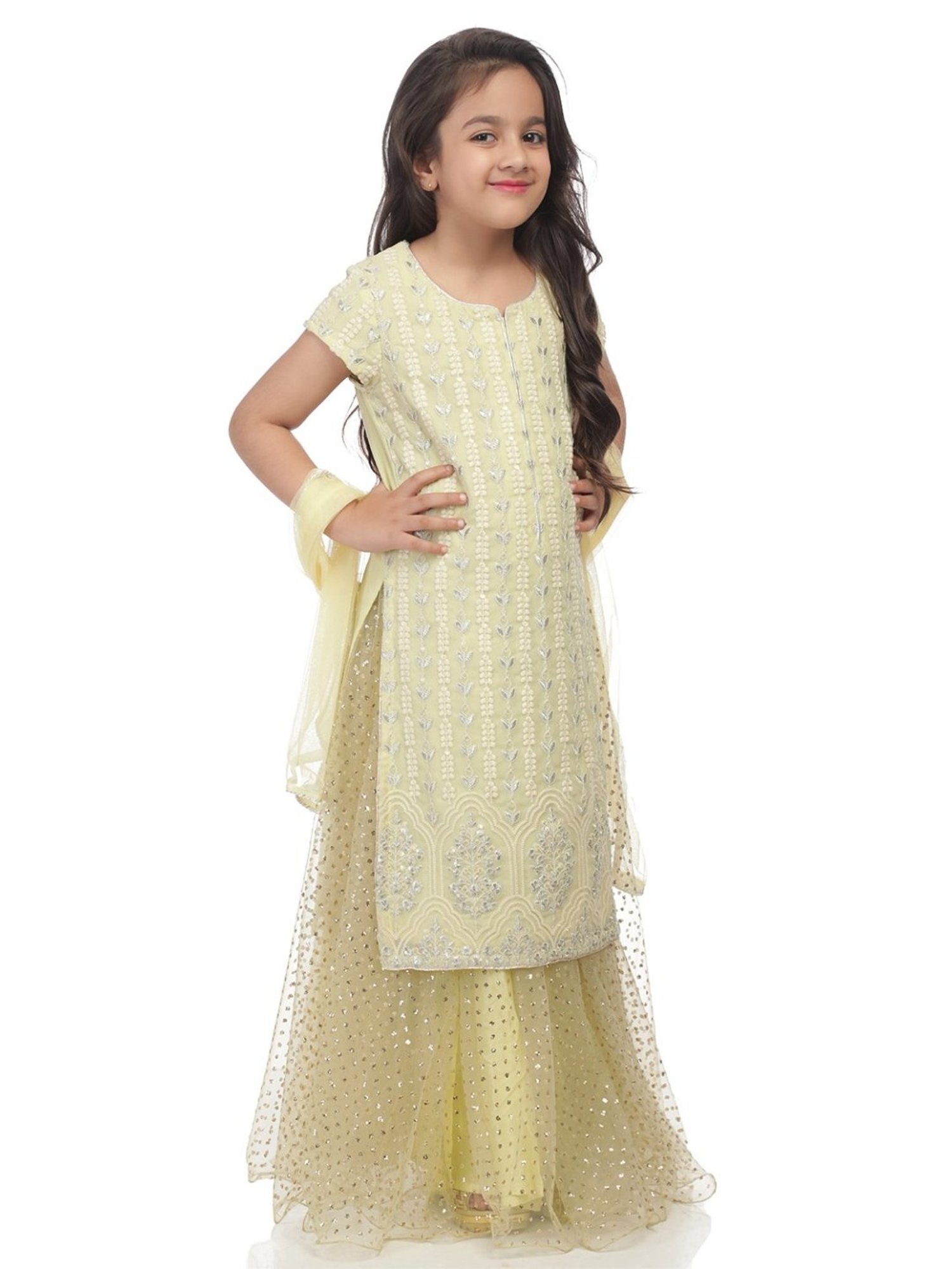 BIBA Girls Pista Green Embroidered Kurti & Skirt With Dupatta