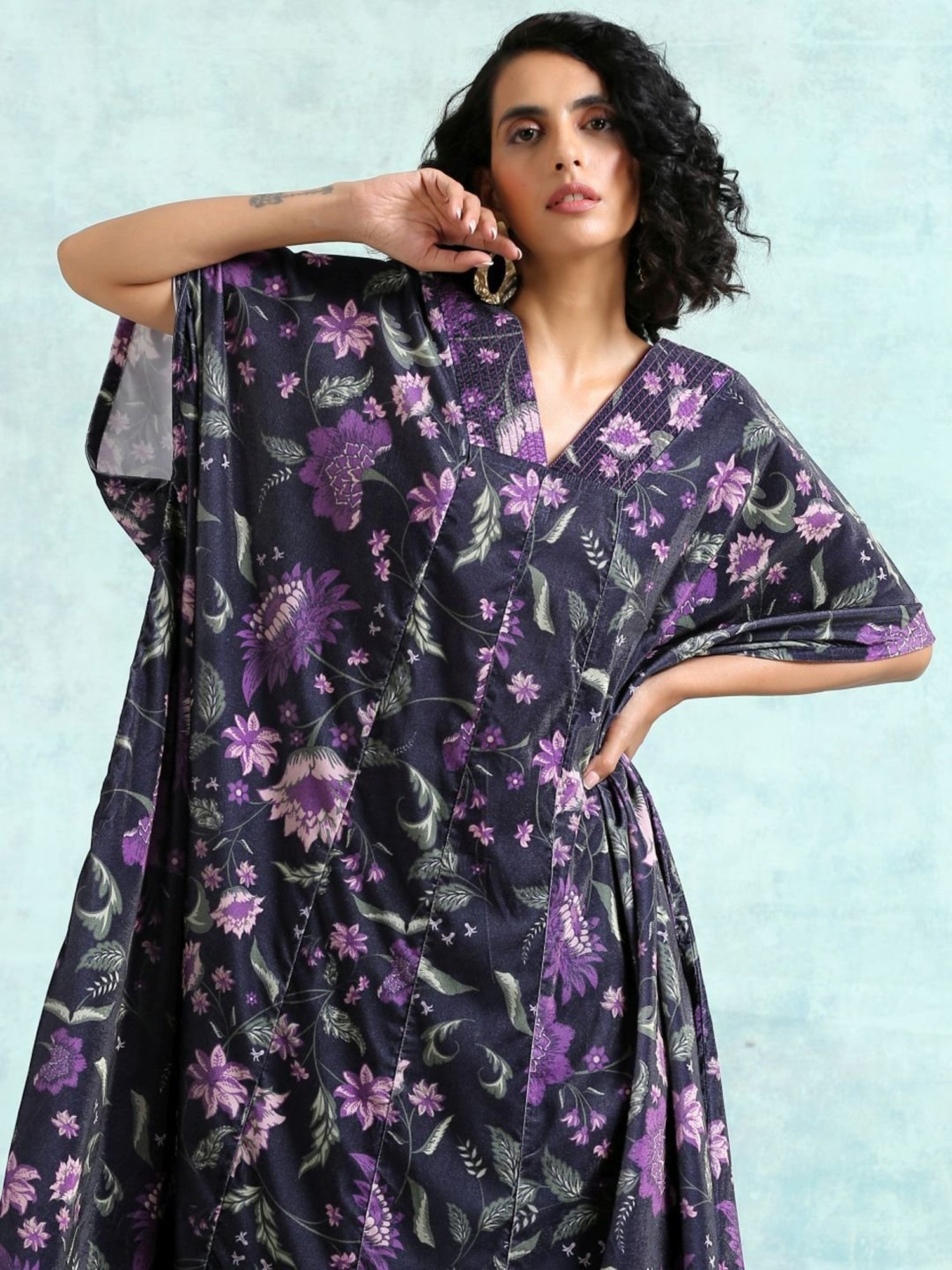 true Browns Black Printed A Line Velvet Kaftan Kurta