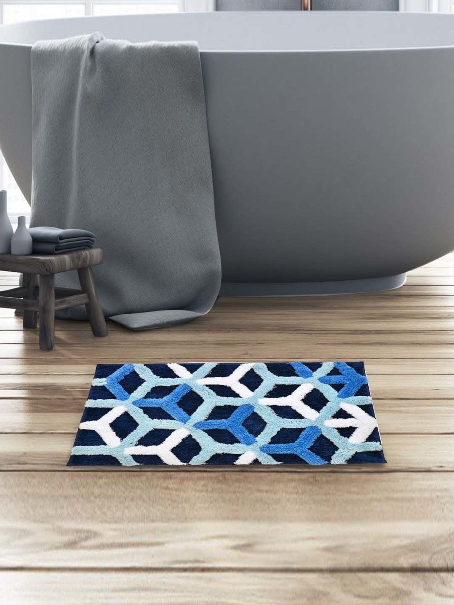@home Navy Polyester 800 GSM Anti Skid Bath Mat