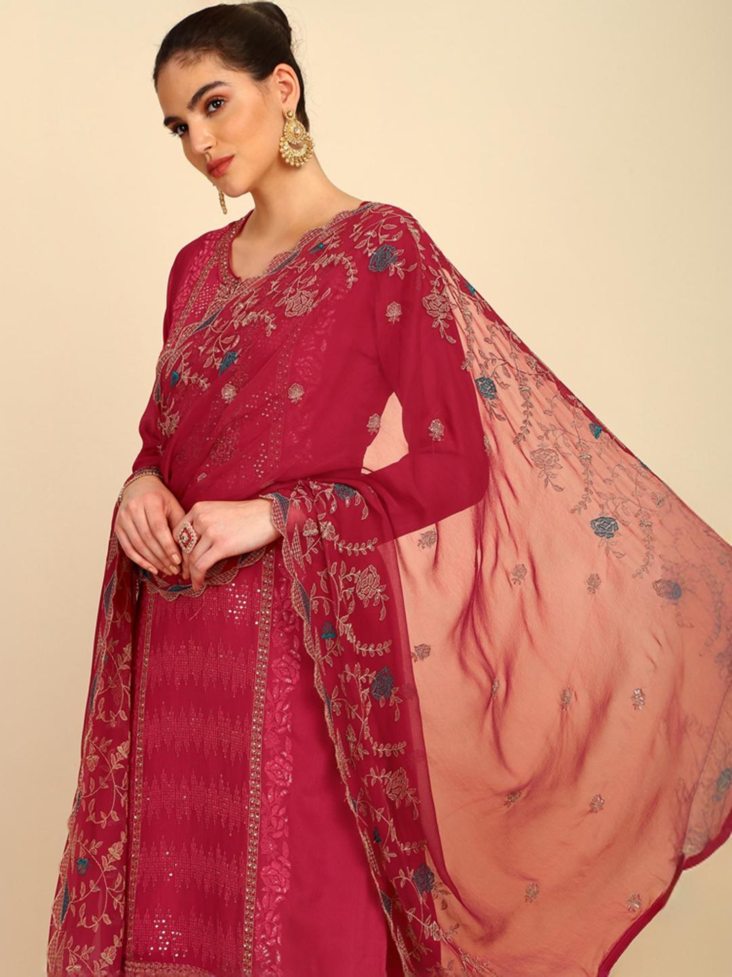 Soch Womens Magenta Crepe Unstitch Dress Material With Sequins