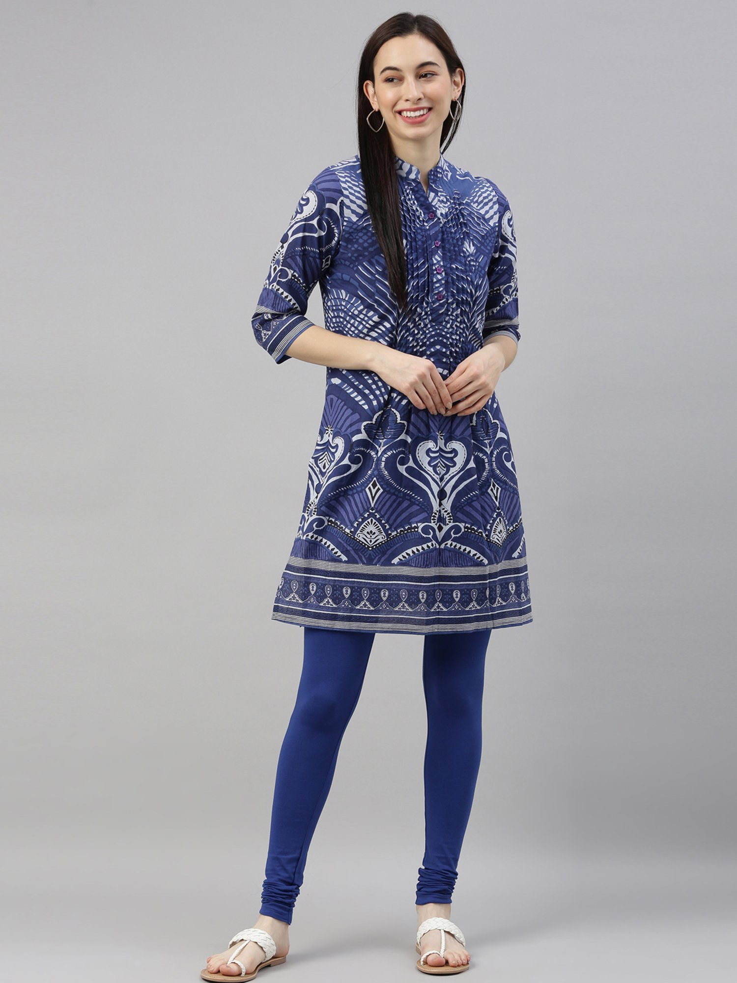 TWIN BIRDS Blue Cotton Full Length Leggings