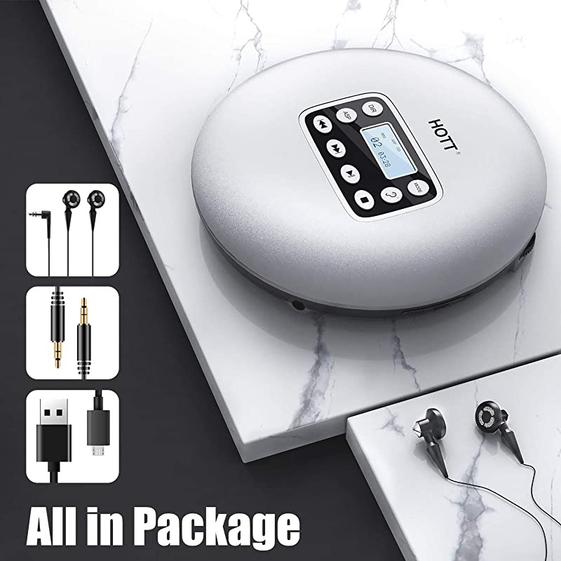 Portable CD Player with Rechargeable Battery, Personal Walkman CD Player with 14 Hour Battery, Stereo Earbuds, LCD Display, Anti-Shock Function and Electronic Skip Protection