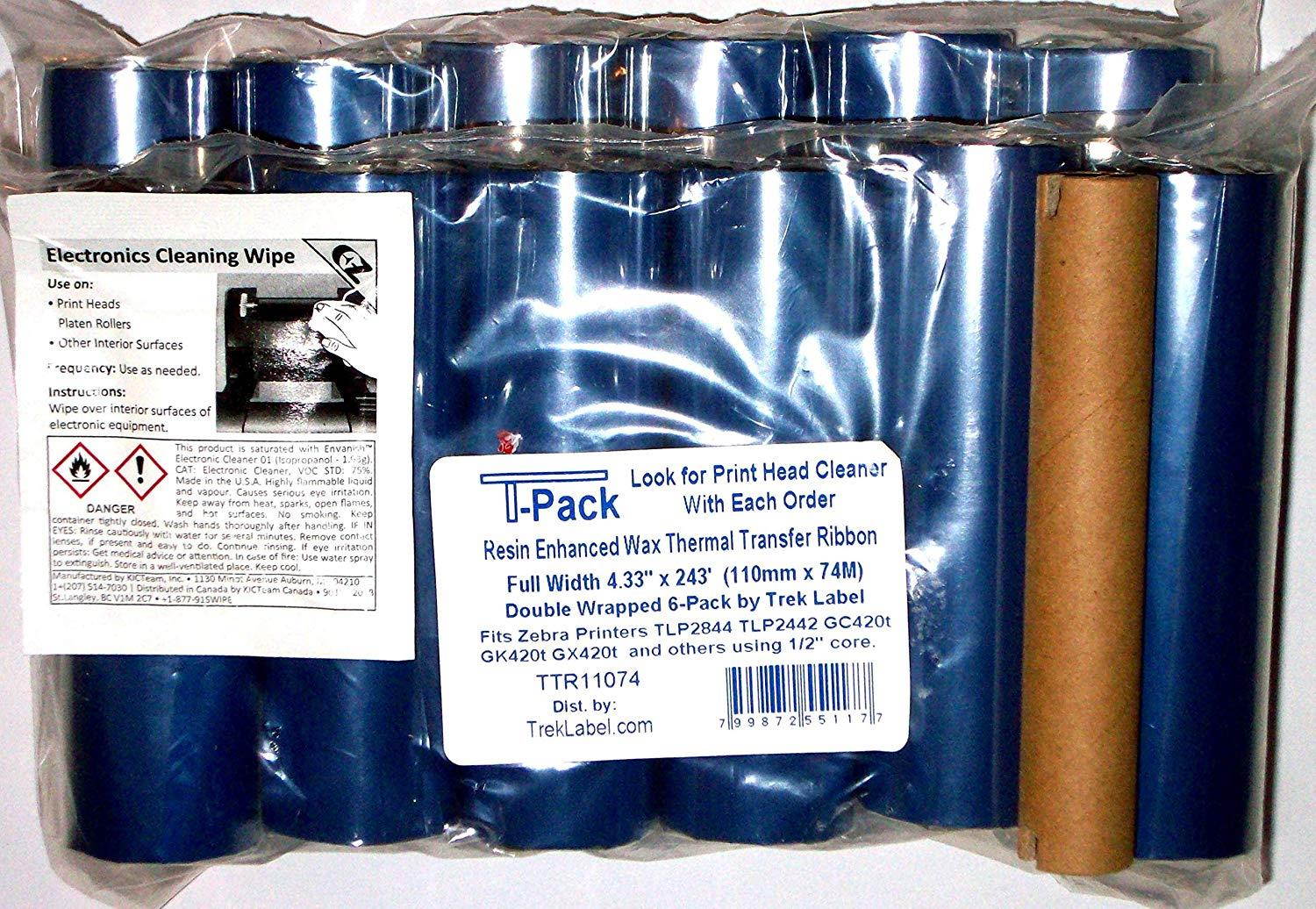 12 Thermal Transfer Ribbons $1.80/roll - 4.33" with 1/2" core for Zebra Desktop TLP2844 TLP2442 GC420t GK420t GX420t & more - with FREE print head cleaner