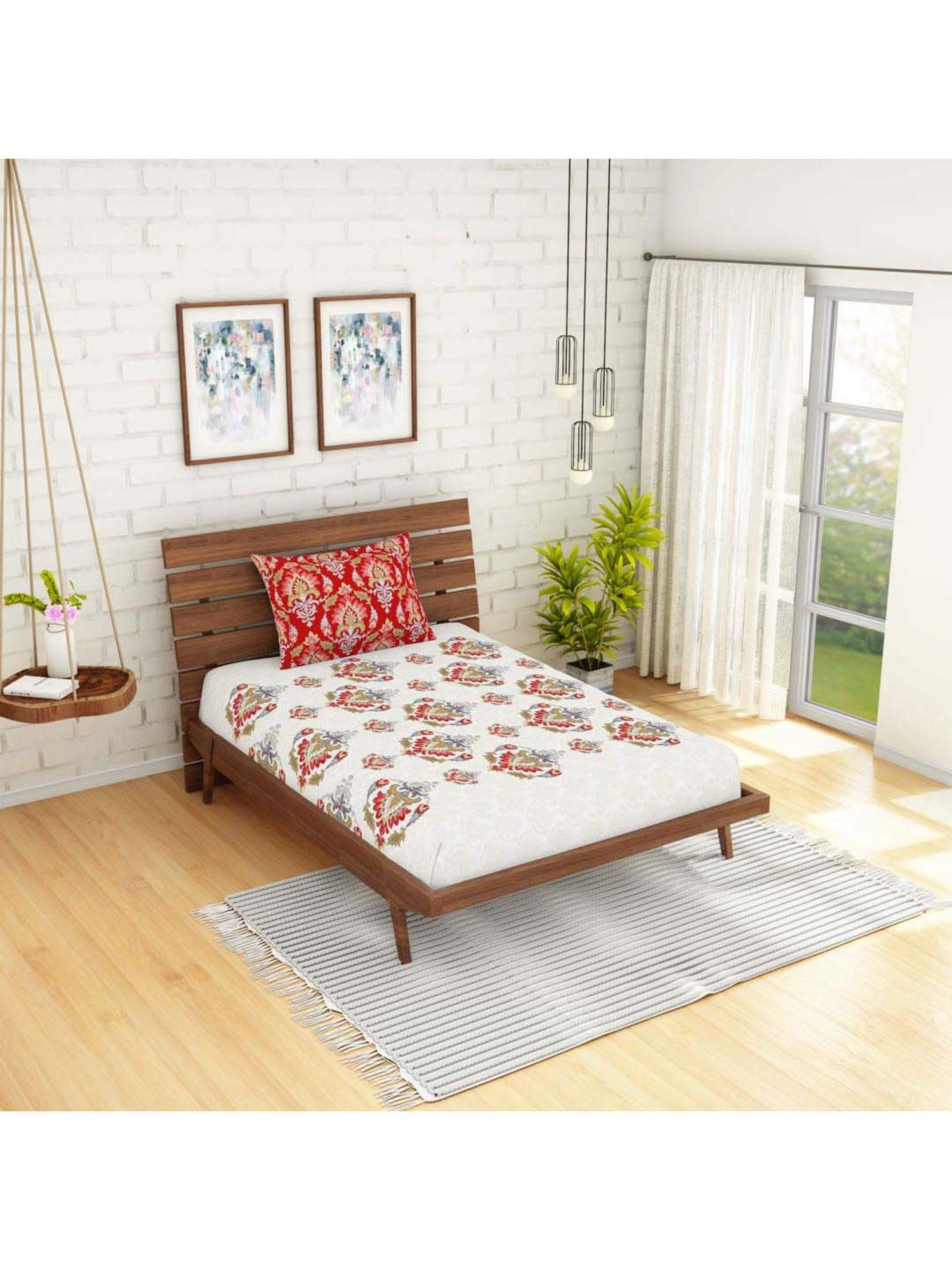 Spaces Atrium Red & Off White Cotton 144 TC Bed Sheet Set