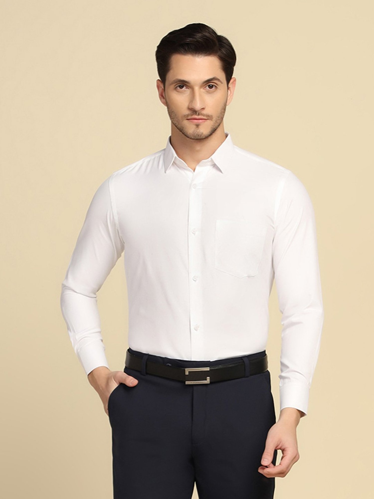 TAHVO White Regular Fit Textured Shirt