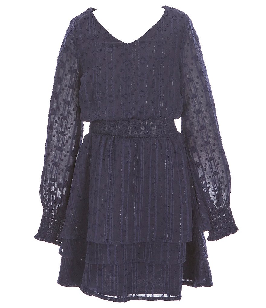 Honey and Rosie Big Girls 7-16 Long-Sleeve Shirred-Waist Tiered Skirt Dress