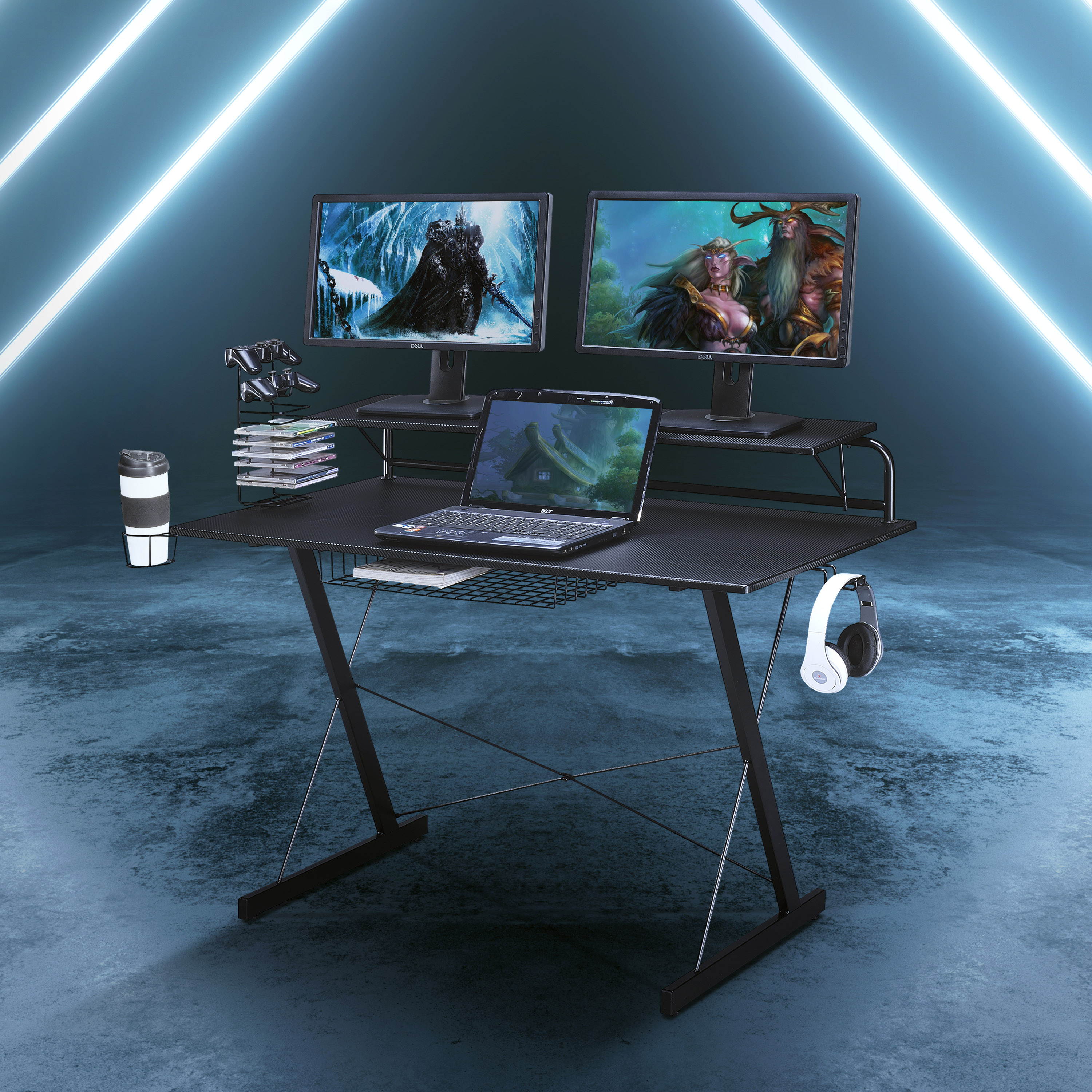 Carbon Computer Gaming Desk with Shelving Cup Holder Adjustable Racks and Storage,as a student desk or in a home office, Black