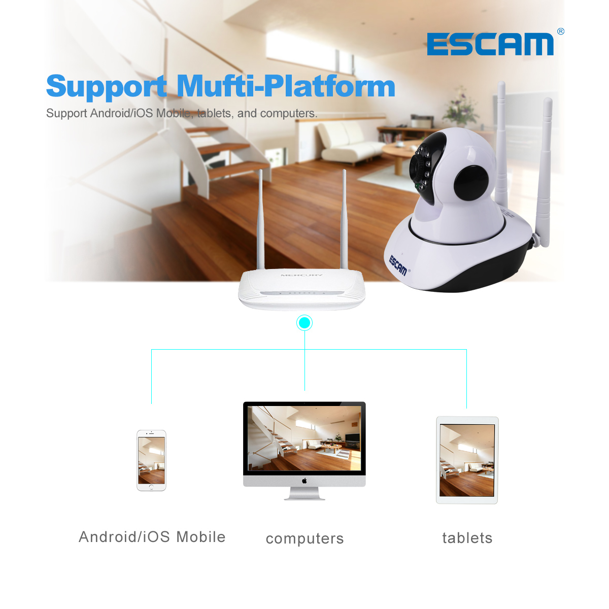 ESCAM G02 Dual Antenna 720P Pan/Tilt WiFi IP IR Camera Support ONVIF Max Up to 128GB Video Monitor
