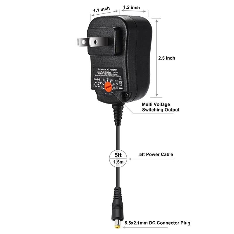 12W Universal AC DC Adapter 3V 45V 5V 6V 75V 9V 12V Multi Voltage Switching Power Supply Cord for Household Electronics LED Light Strip CCTV IP Camera Router Bluetooth Speaker Hub Smartphone