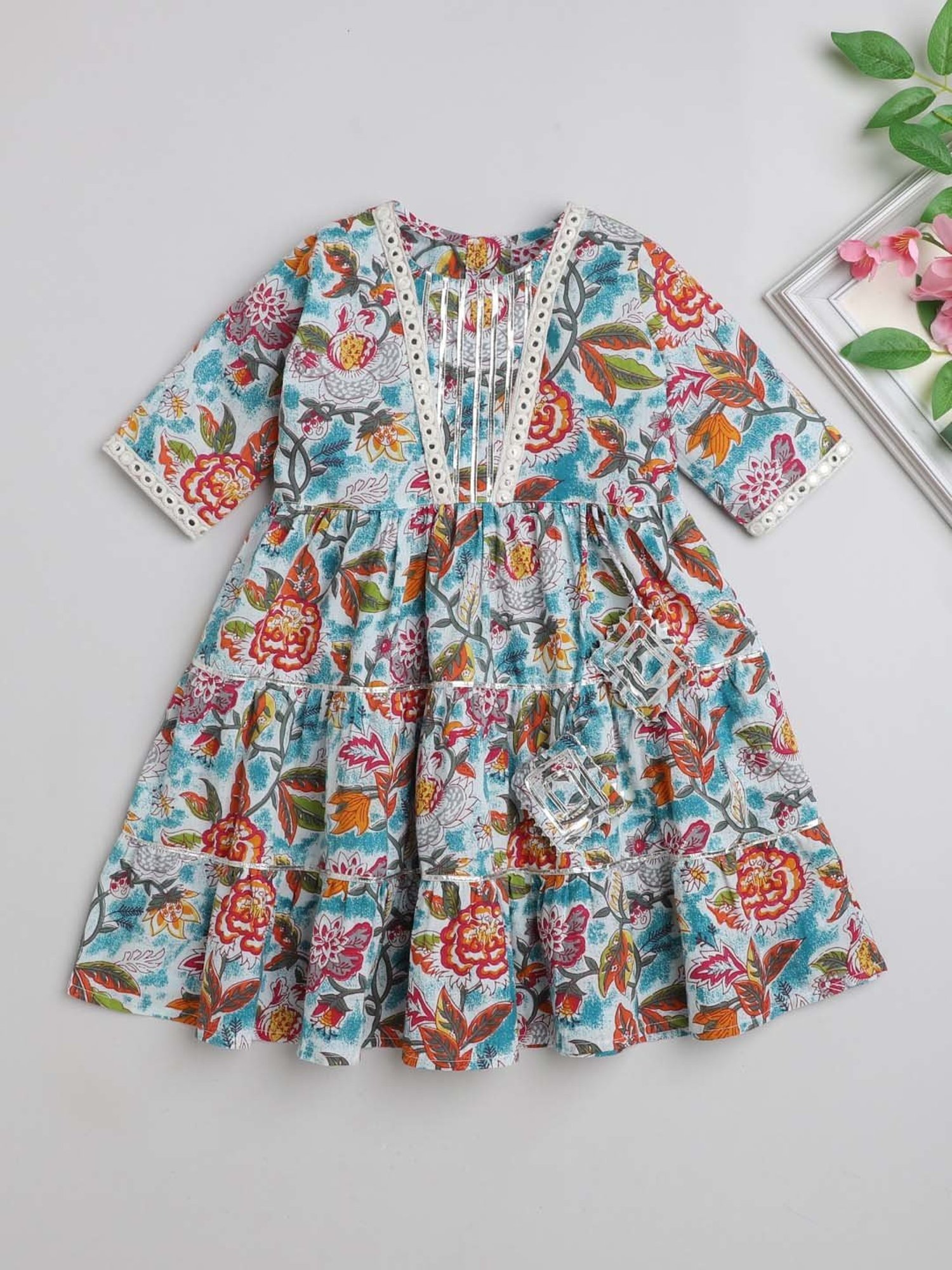 The Magic Wand Kids Blue & Red Cotton Floral Print Dress