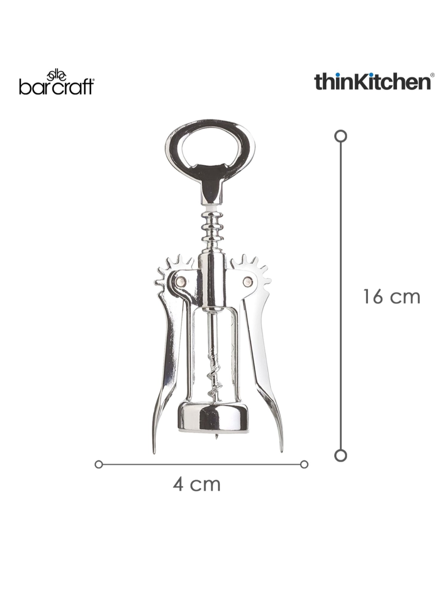 BarCraft Silver Metal Double Handled Chrome Wing Corkscrew
