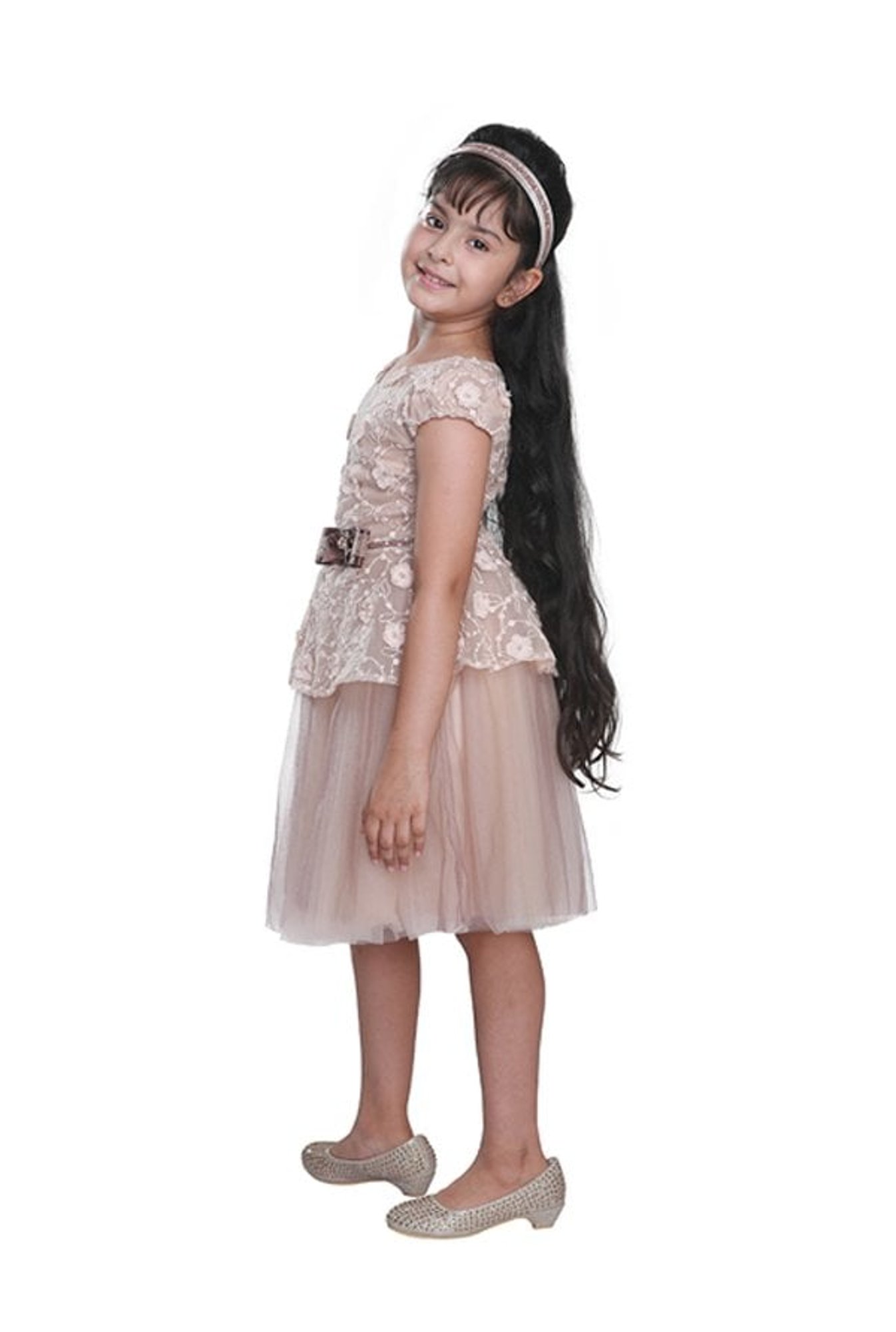 Cutecumber Kids Brown Embroidered Dress With Hairband