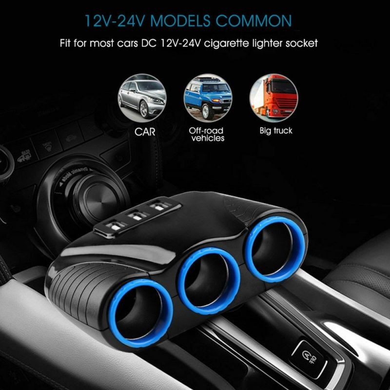 3 way Cigarette Lighter Socket Splitter Three USB Charger Power Adapter Car 12V