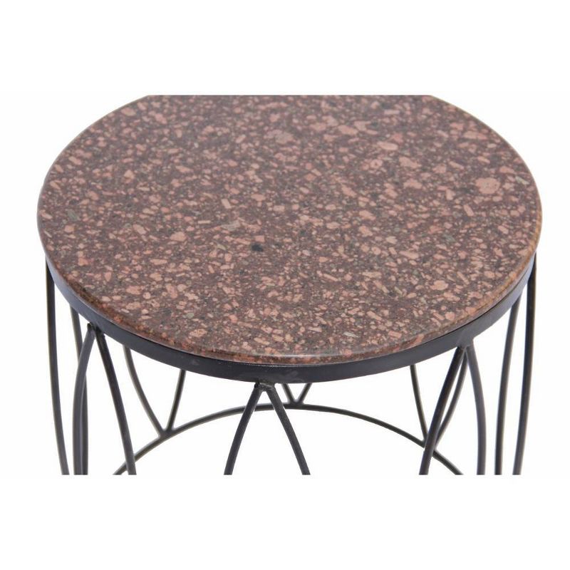 Round Iron Framed Side or End Table with Textured Real Marble Top Brown/Black - The Urban Port