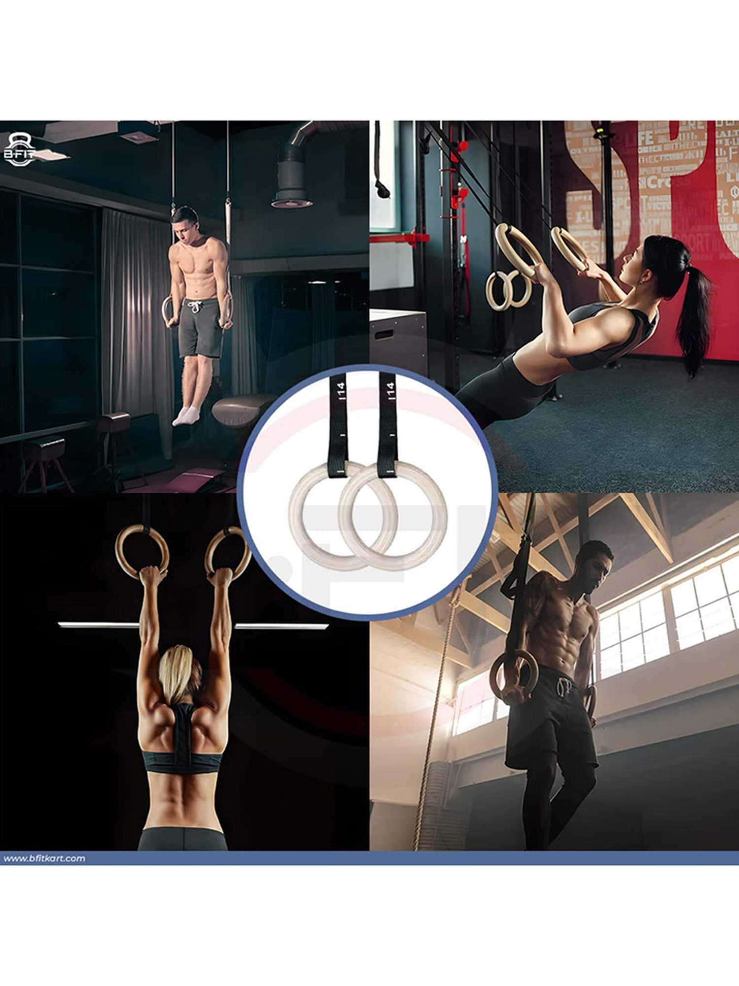 B Fit Wooden Gymnastic Rings with Heavy Duty Adjustable Straps (Black)