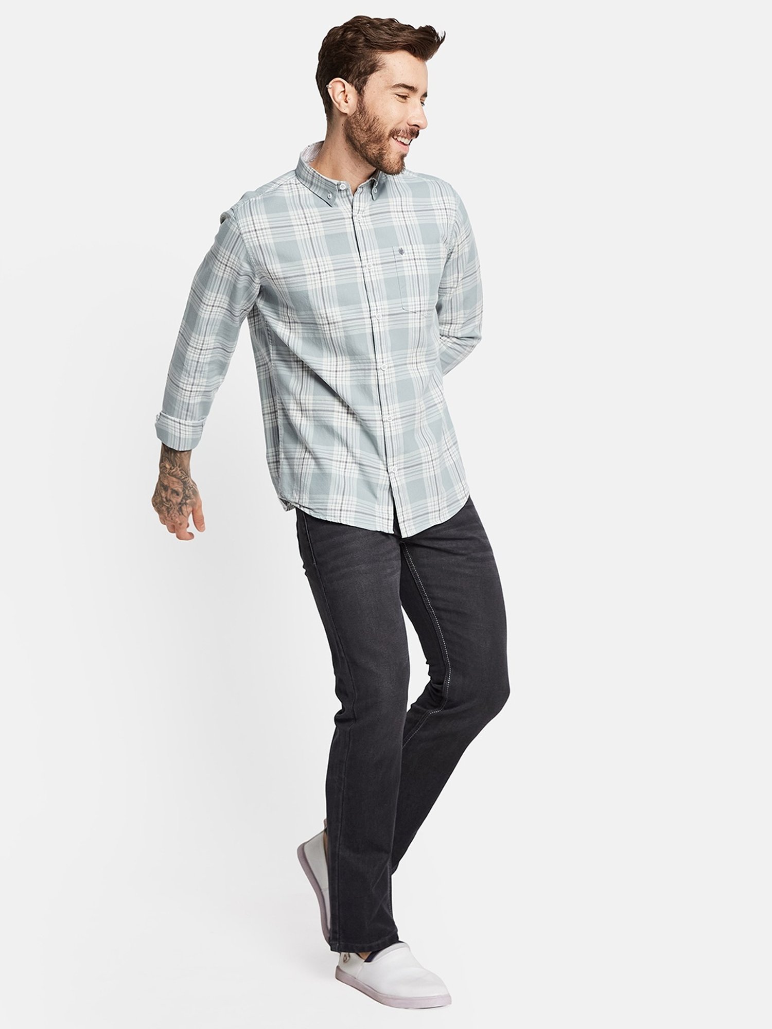 Mettle Green Cotton Regular Fit Checks Shirt