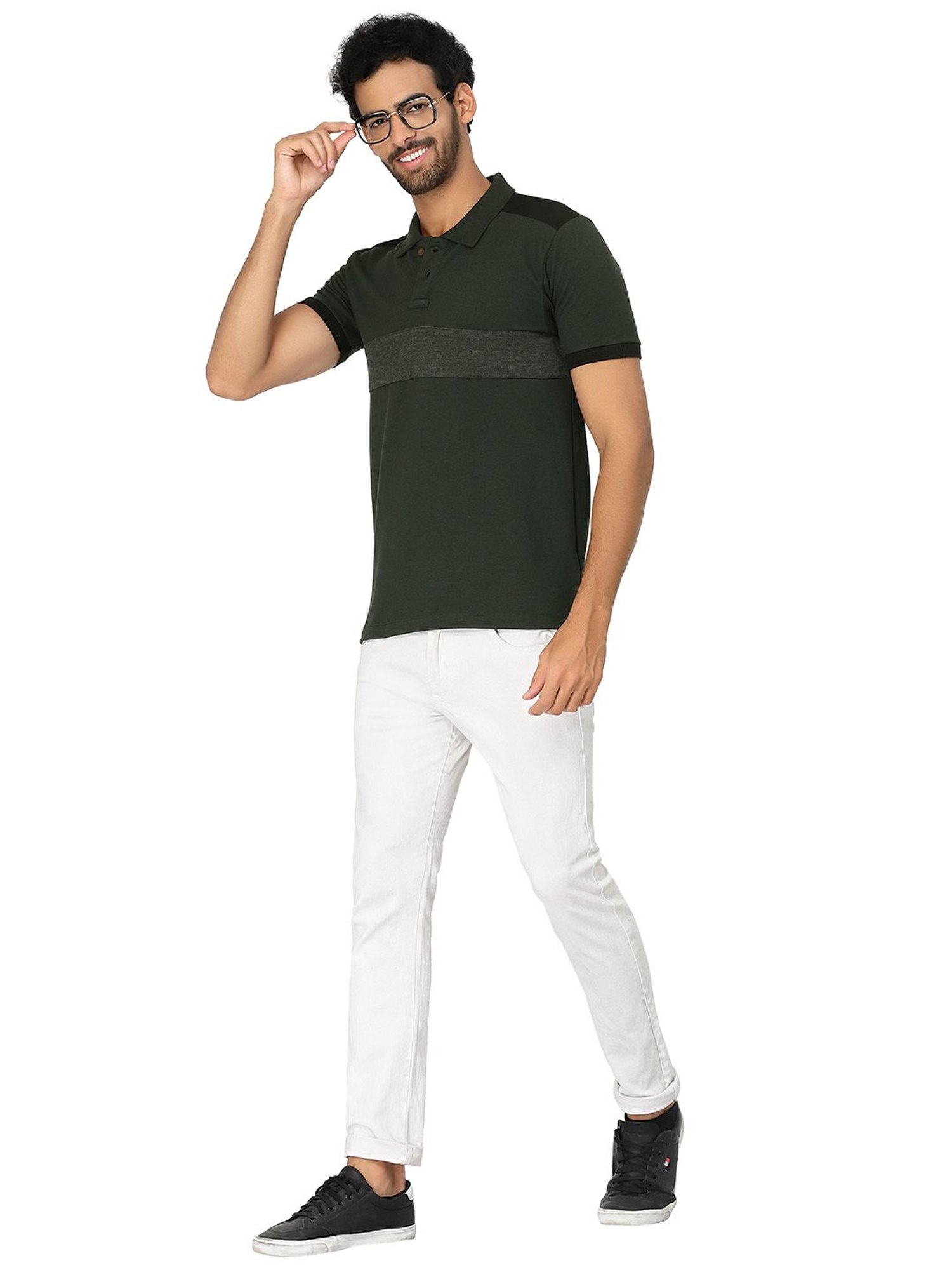 Kalt Dark Green & Dark Grey Regular Fit Polo T-Shirt