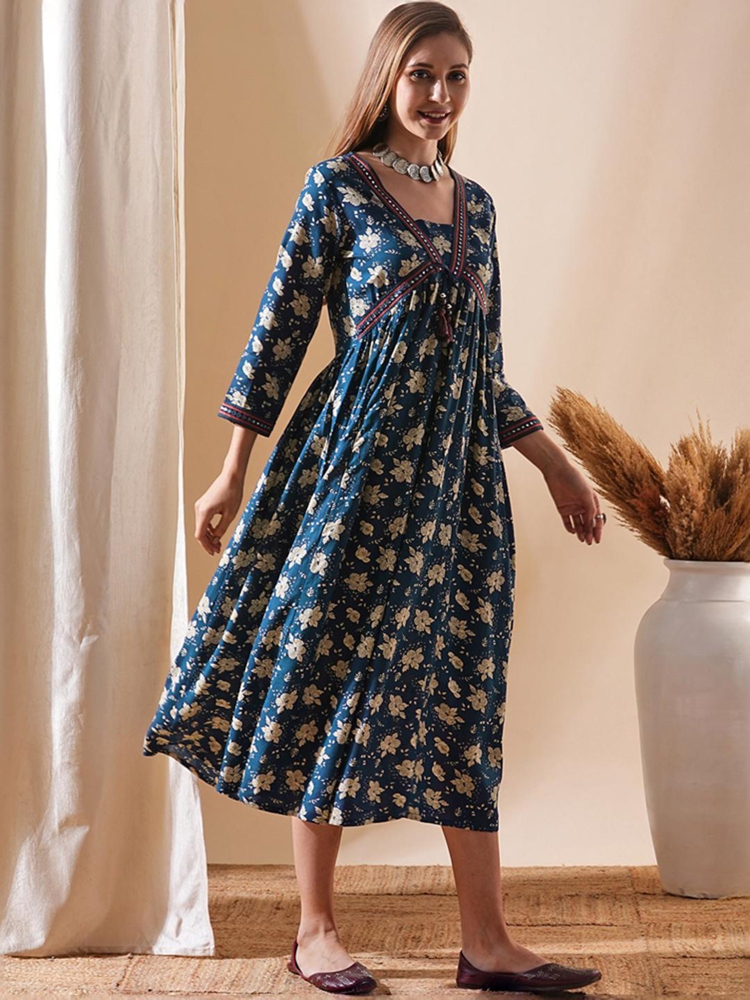 Fashor Blue Printed A-Line Dress