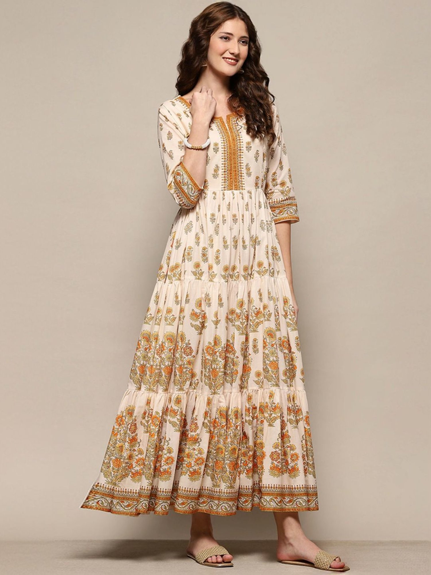 Biba Beige Cotton Floral Print Maxi Dress