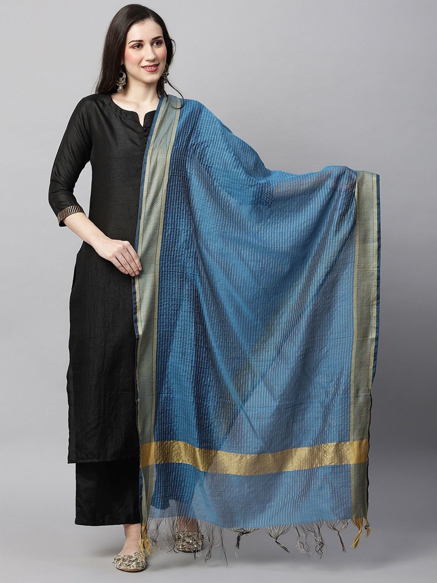 Indo Era Blue & Golden Woven Pattern Dupatta