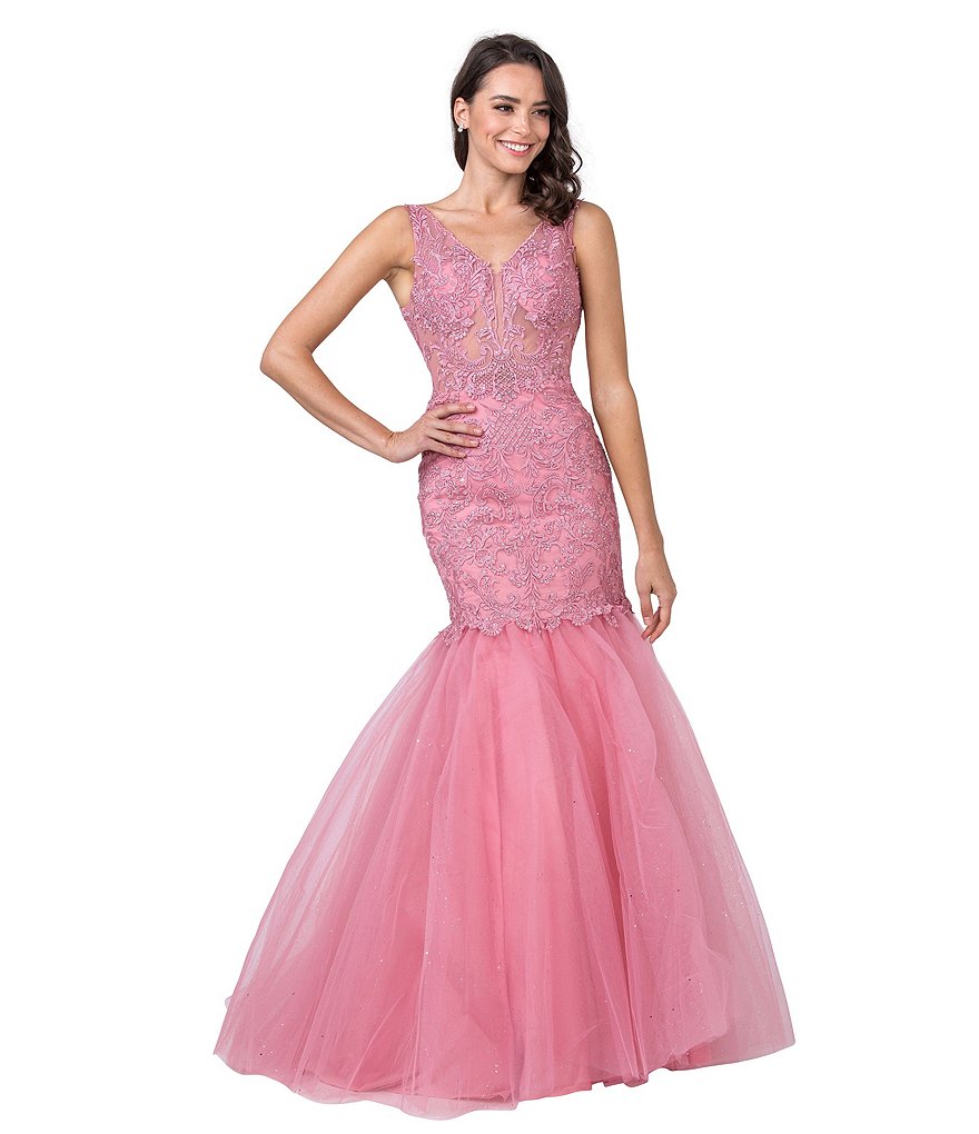 Coya Collection Sleeveless Embroidered Heat-Stone Embellished Trumpet Dress