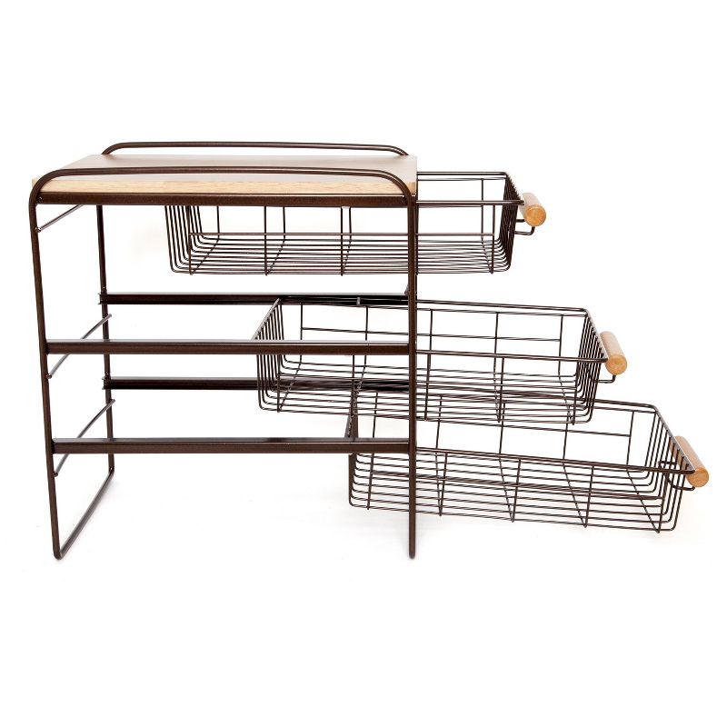 Origami Wood Top Steel Kitchen Organizer 3 Mesh Basket Sliding Drawer, Brown