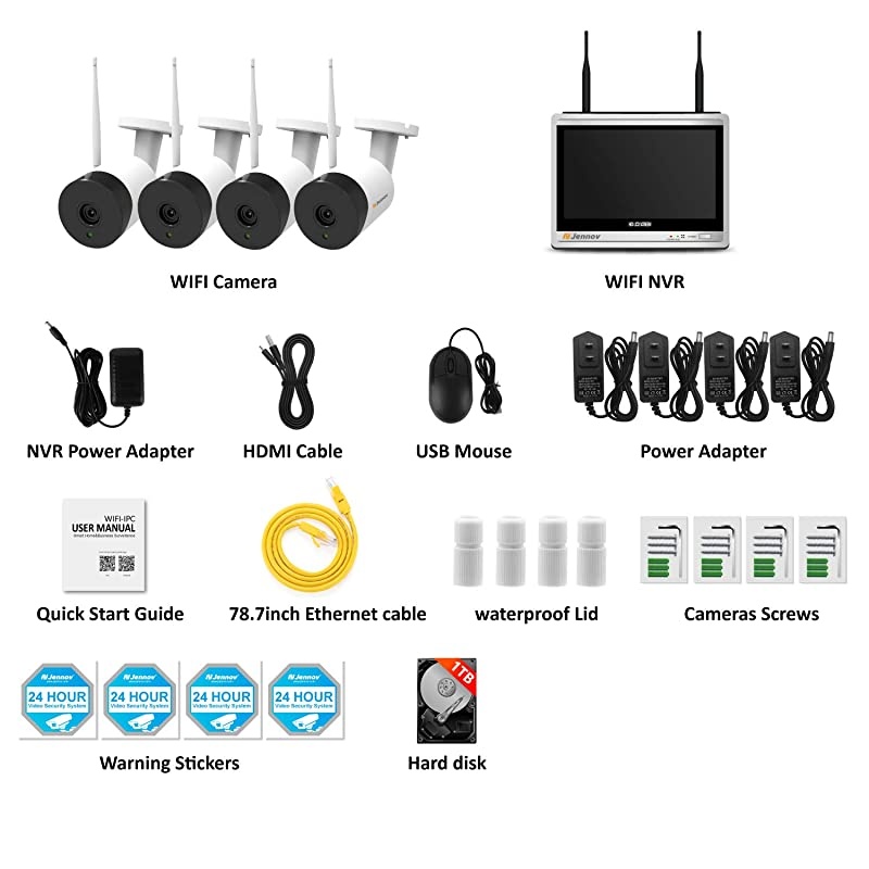 Security Camera System Wireless All in one with 12" Monitor,  4 Channel Wireless Home Security Camera System with 4PCS 2.0MP 1080P Indoor/Outdoor WiFi Security Camera 1TB Hard Drive Free App