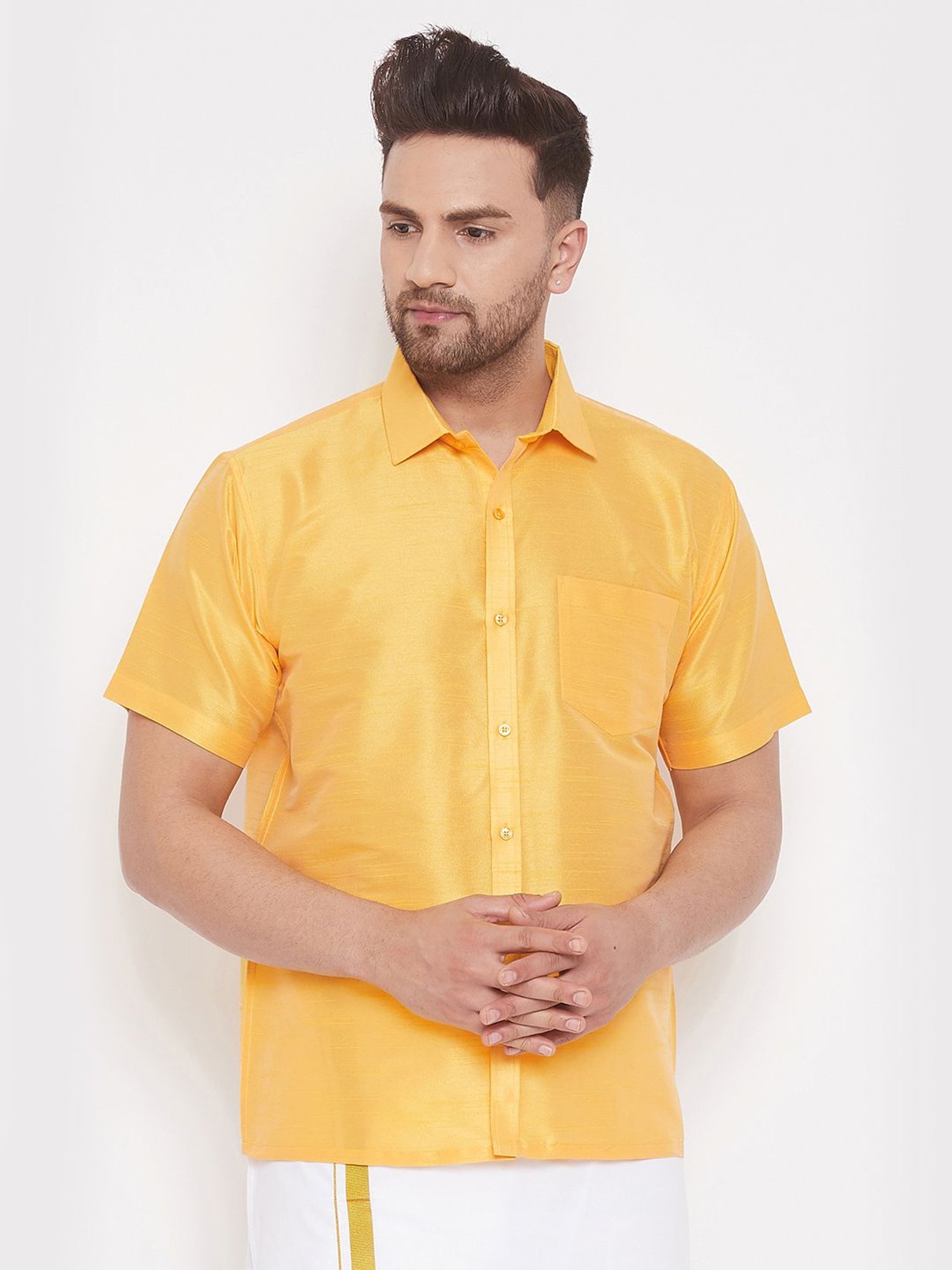 VASTRAMAY Yellow Straight Fit Self Pattern Shirt