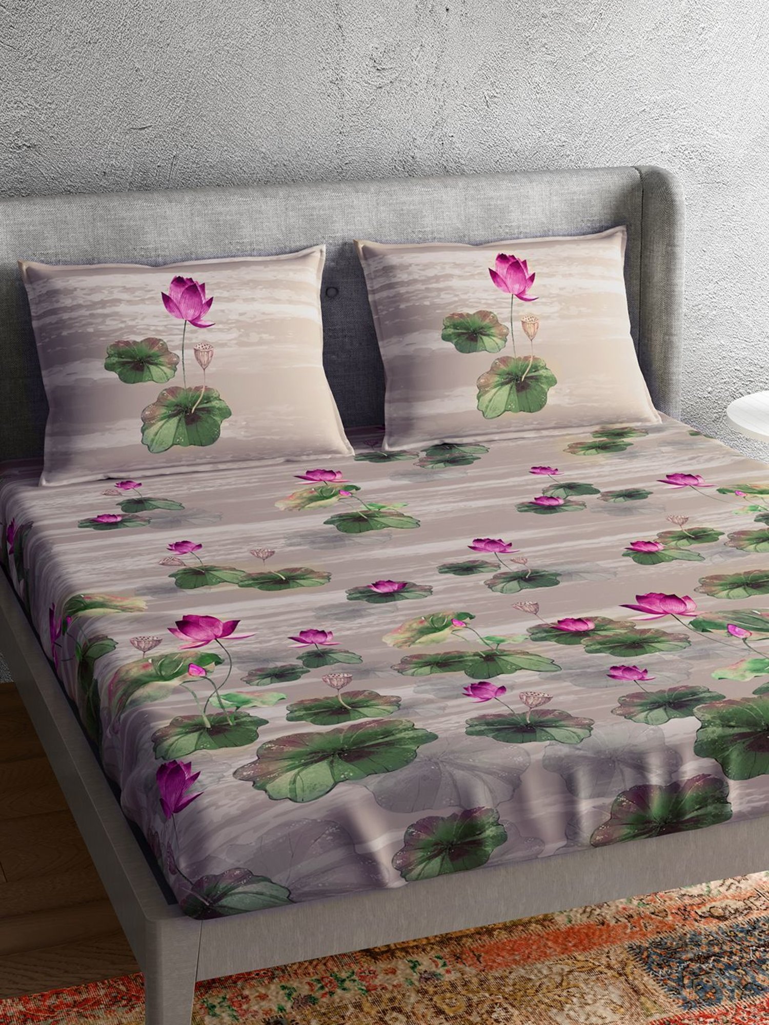 Petal Home Lotus Floral Beige 300 TC Cotton Queen Size Bed Sheet with 2 Pillow Covers