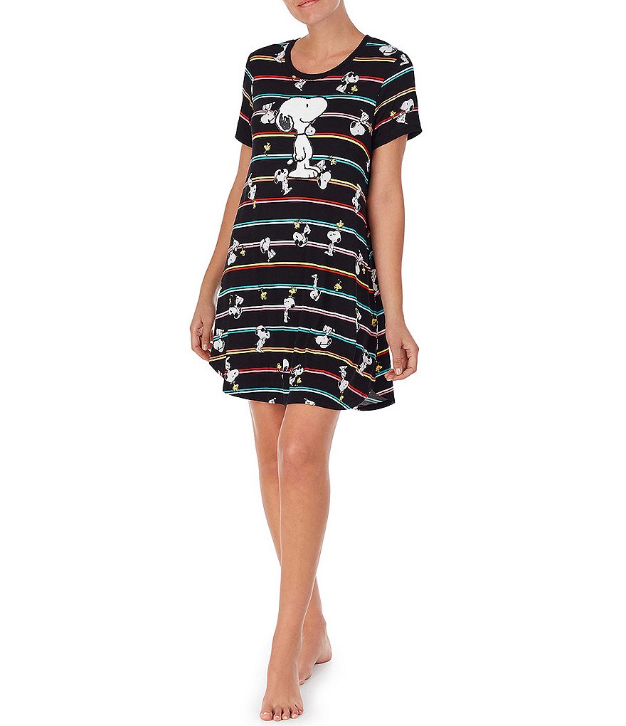 Peanuts Striped Toss Snoopy and Woodstock Print Knit Sleepshirt