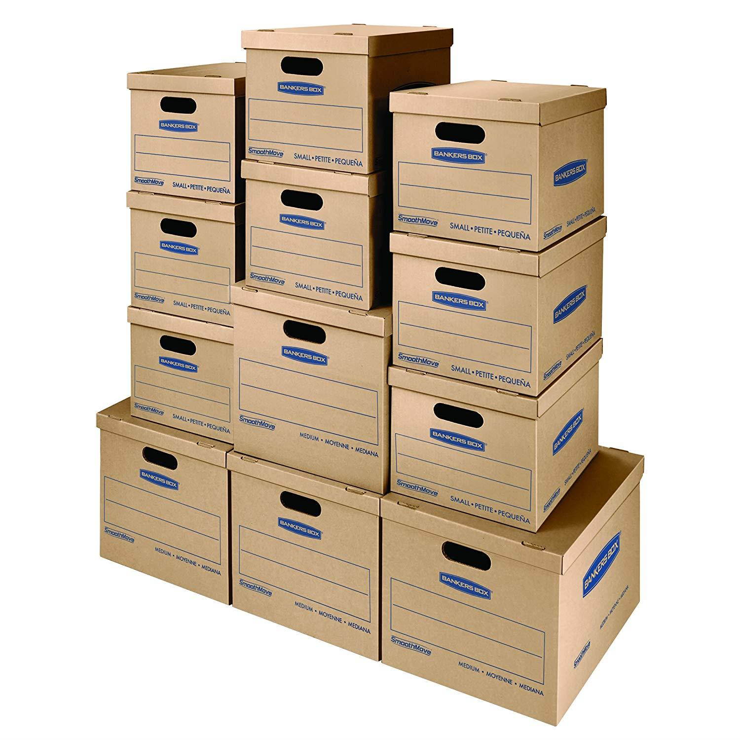 Bankers Box SmoothMove Classic Moving Kit Boxes, Tape-Free Assembly, Easy Carry Handles, 8 Small 4 Medium, 12 Pack (7716401)