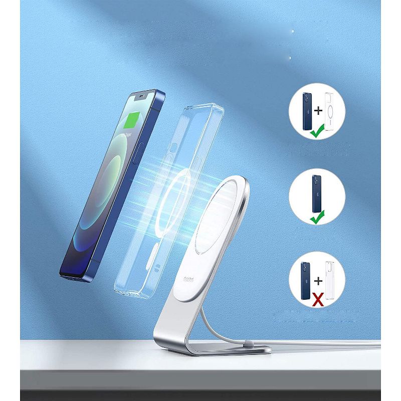 Choetech Magnetic Wireless Charger for iPhone 12 Pro Max/Mini & Airpods Fast Magsaf-e Wireless Charging StationCharging Stand Holder with 5ft USB-C Cable Mag Charger Included - H047 - Silver